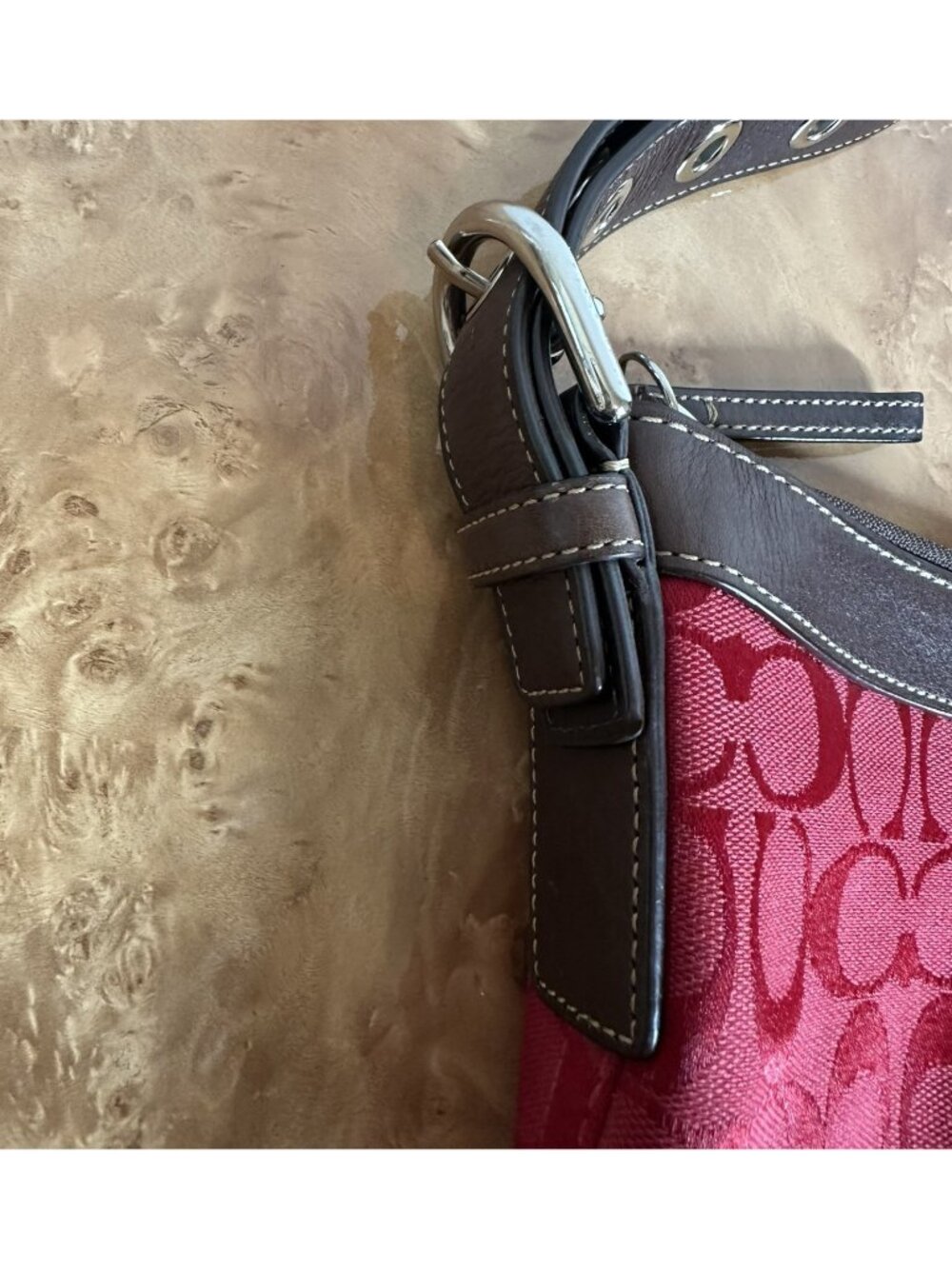 Coach Signature Jacquard Zip Top Shoulder Hobo Bag Red Brown F12362 - Picture 5 of 9